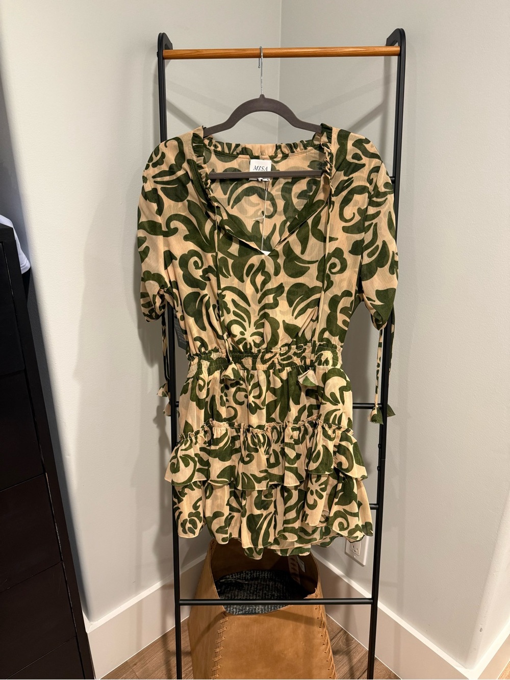 Misa Los Angeles Green and Cream Floral Ruffle Mini Dress